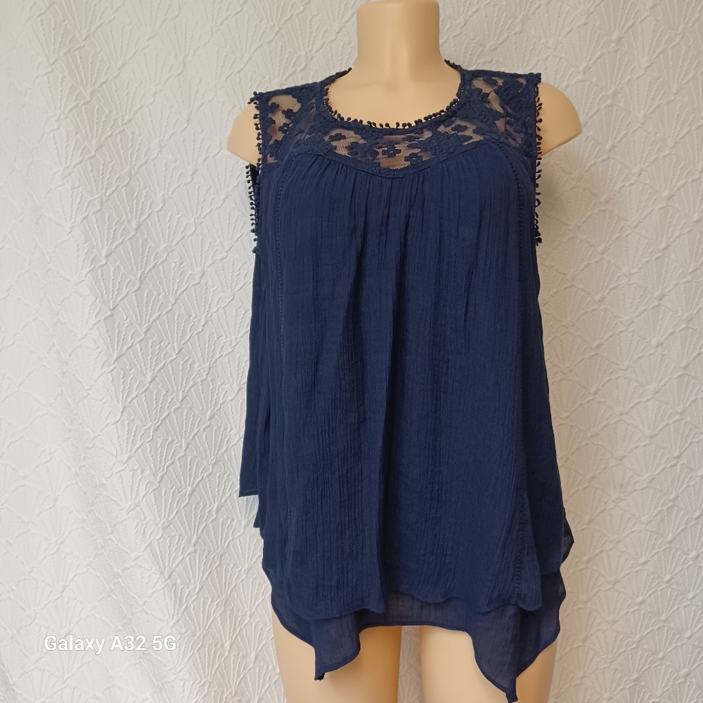 JohnPaulRichard Women L Blue Asymmetrical Tiered Blouse - Picture 8 of 14